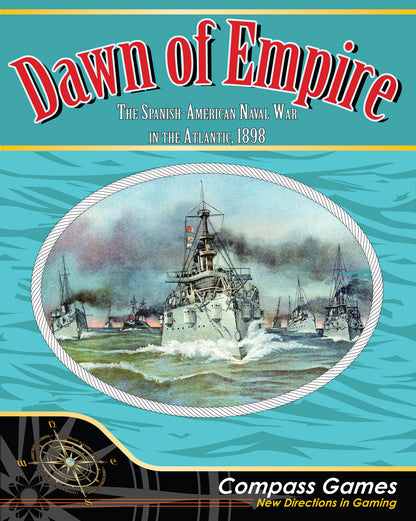 Game cover for 'Dawn of Empire,' showing multiple 1898-era naval warships steaming through rough seas