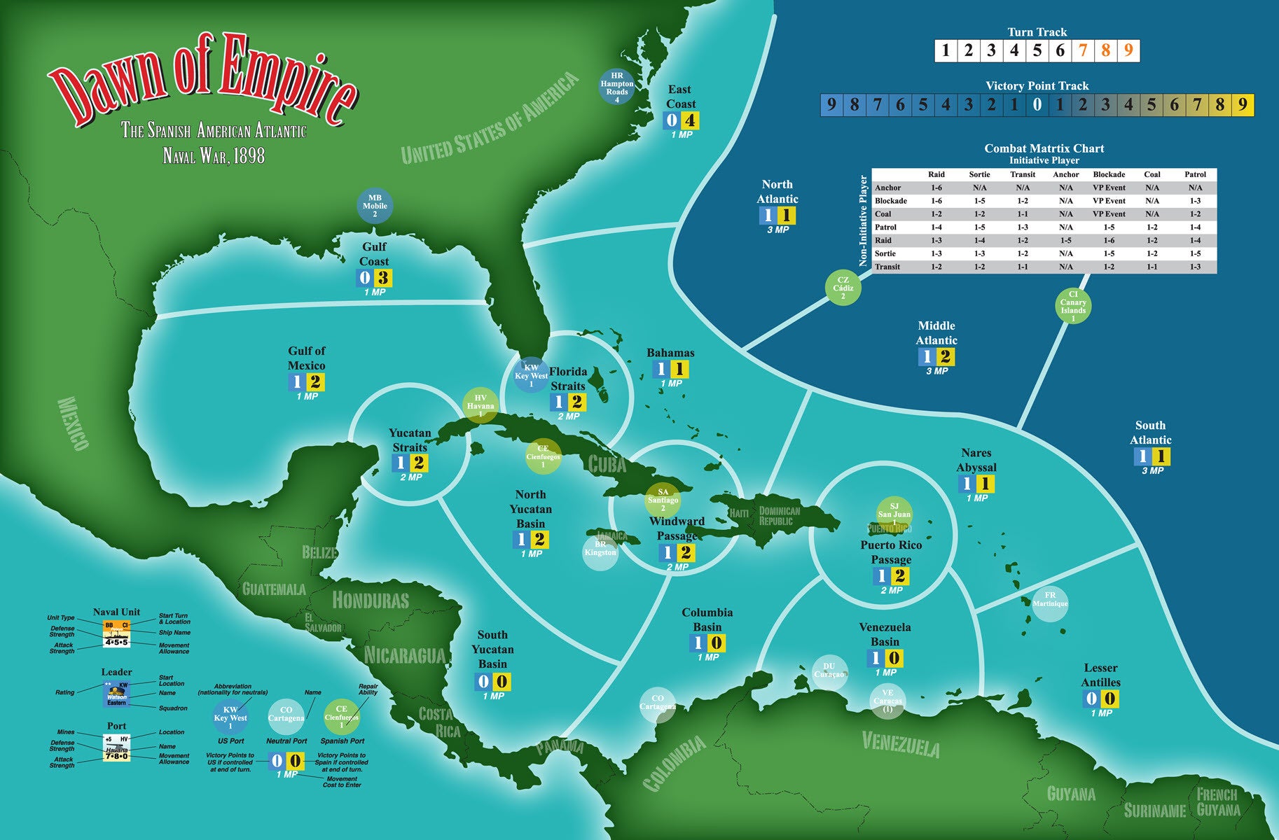 Game board for "Dawn of Empire: The Spanish American Naval War, 1898", showing Atlantic naval zones & game data