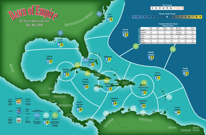 Game board for "Dawn of Empire: The Spanish American Naval War, 1898", showing Atlantic naval zones & game data