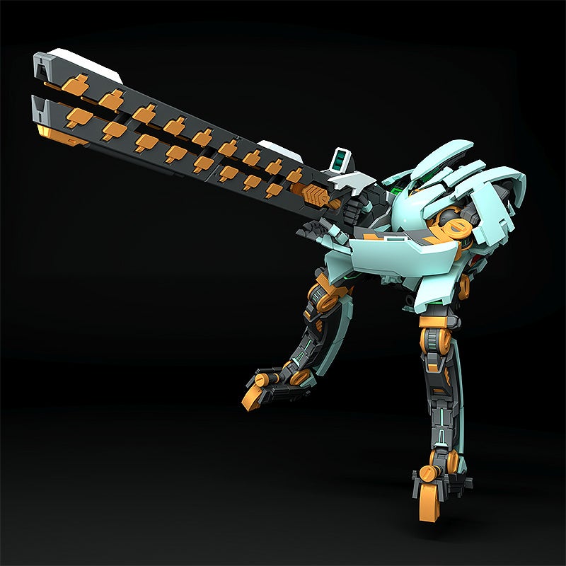 Light blue and orange model kit of a futuristic mech robot holding a large double-barreled rifle