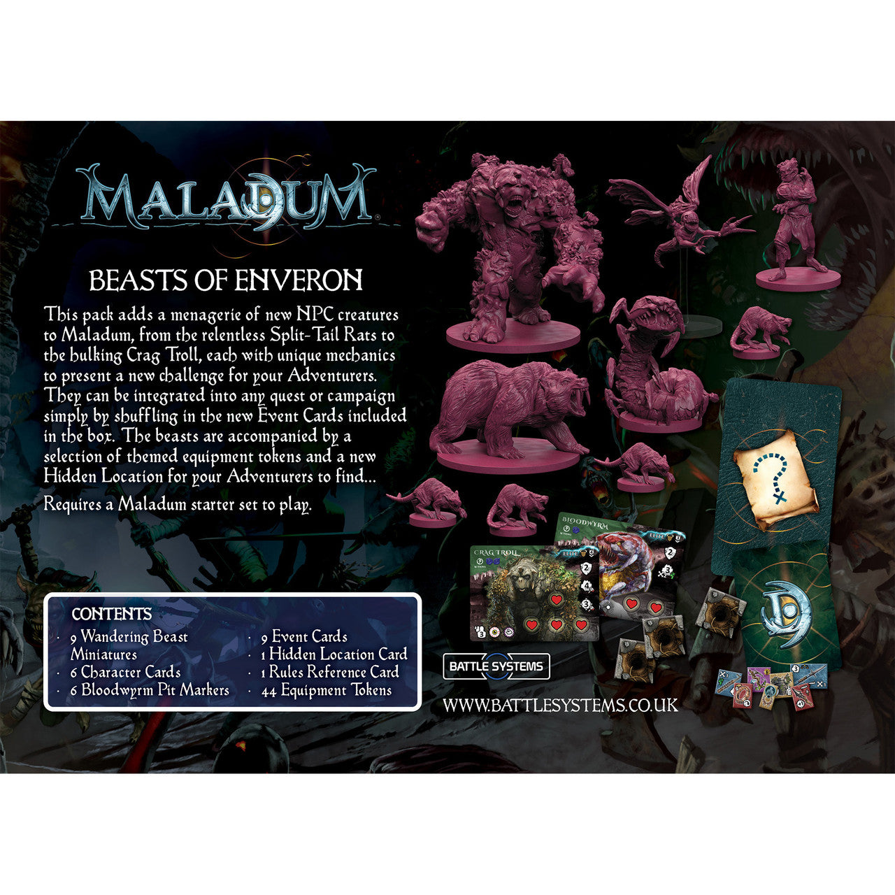 Maladum: Beasts of Enveron tabletop game expansion showcasing unpainted, crimson fantasy creature miniatures and game components.