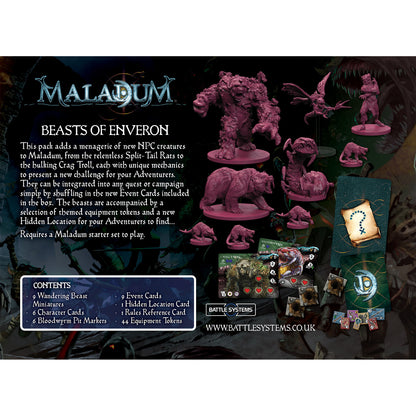 Maladum: Beasts of Enveron tabletop game expansion showcasing unpainted, crimson fantasy creature miniatures and game components.