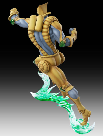 The World action figure in a dynamic mid-air pose showing the figure's gold and gray design