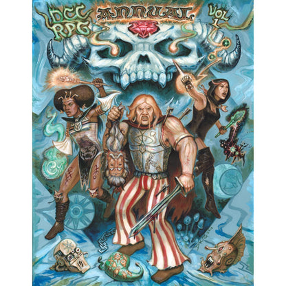 DCC ANNUAL VOL 1 cover art: Three fantasy characters - a warrior with a sword and severed head, a mage with a glowing staff, and a fighter with an axe - under a horned skull