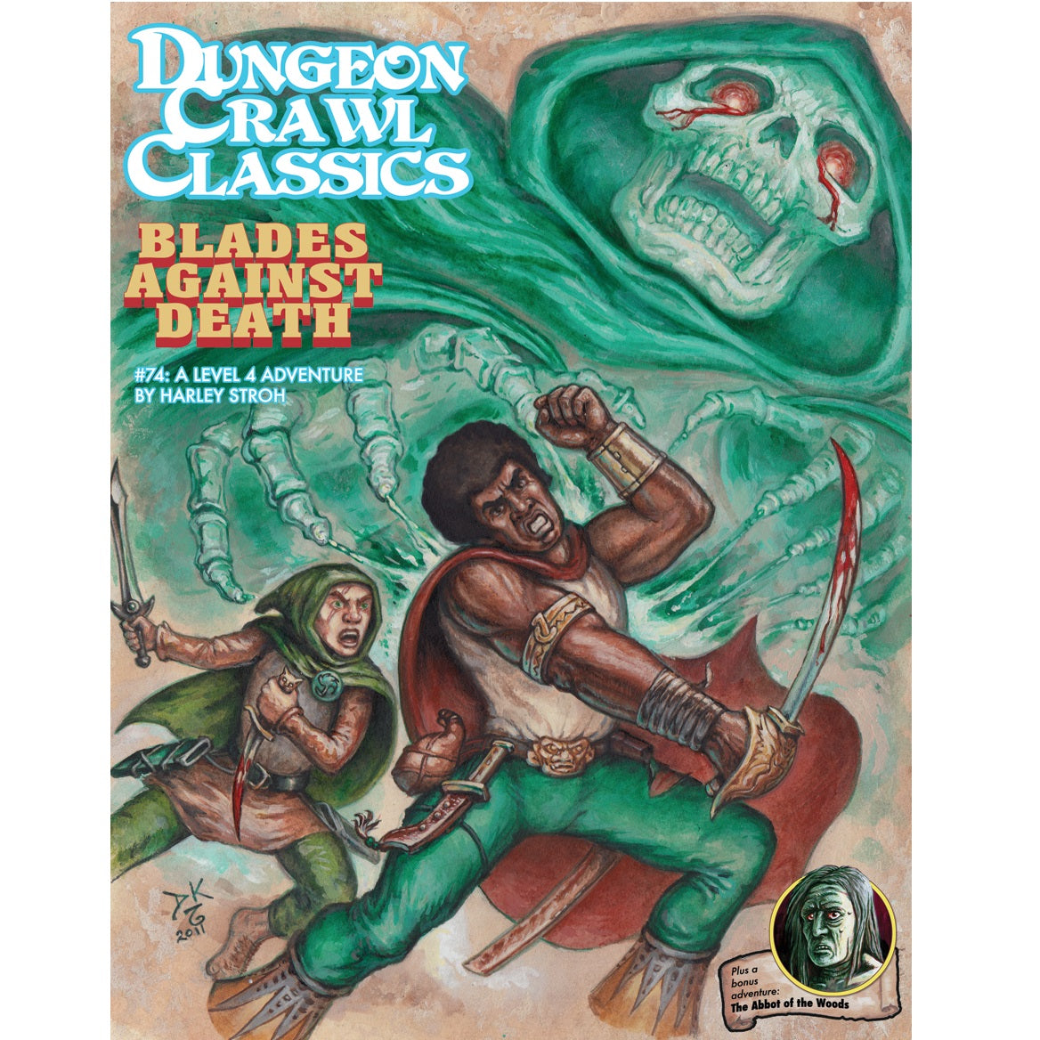 Dungeon Crawl Classics #74: Blades Against Death cover, two adventurers fight a spectral green skeletal figure with glowing red eyes, one holding a bloody curved sword