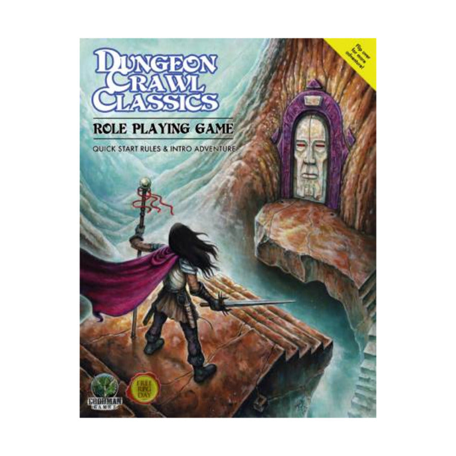 Dungeon Crawl Classics RPG cover, a warrior with sword & staff stands on a rocky ledge, gazing at a mystic door with a carved face set in a distant cliff