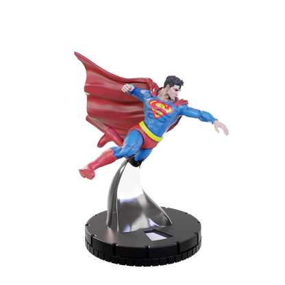 A Superman HeroClix figure in mid-flight on a black base, wearing a blue suit, red cape, and yellow S shield