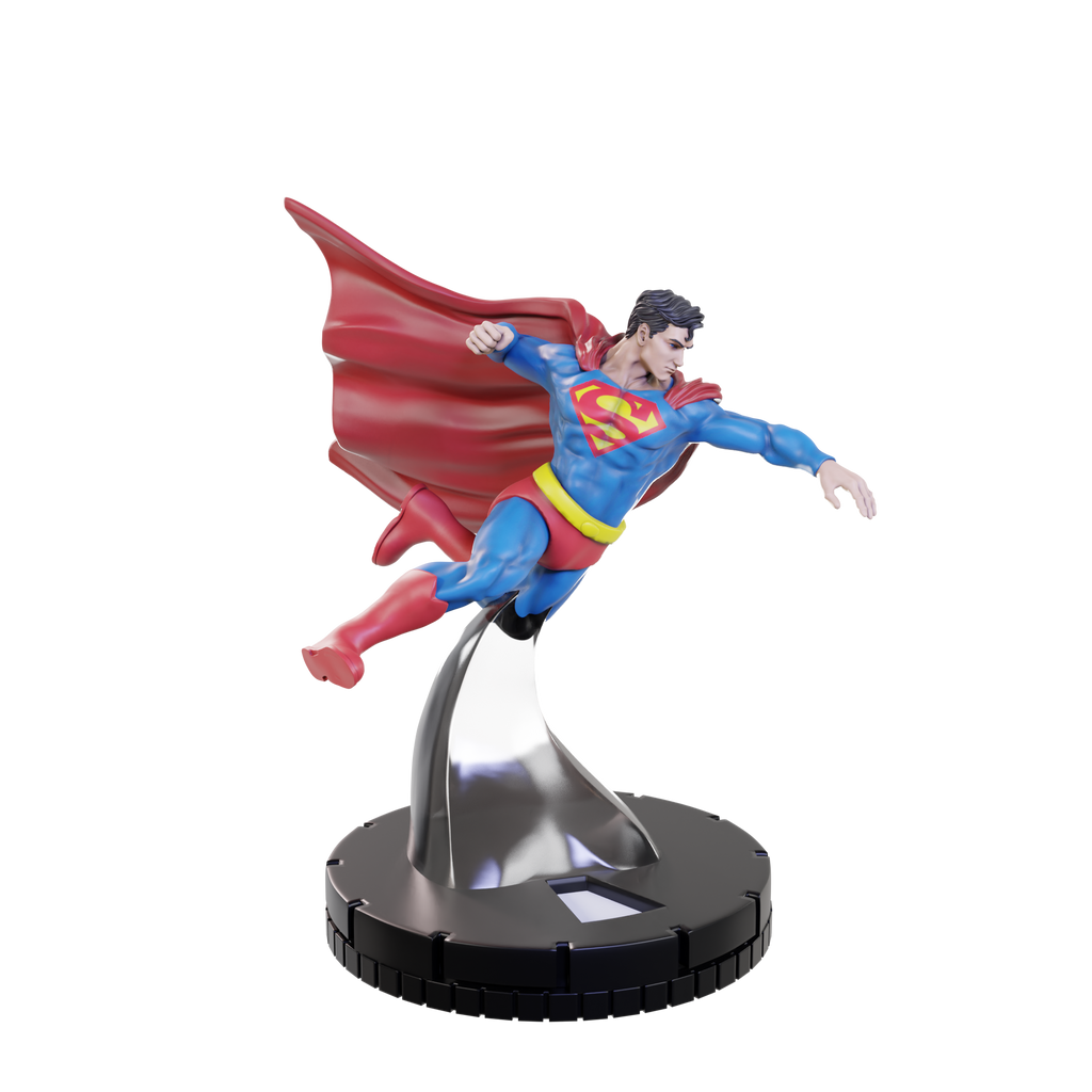 A Superman HeroClix figure in mid-flight on a black base, wearing a blue suit, red cape, and yellow S shield