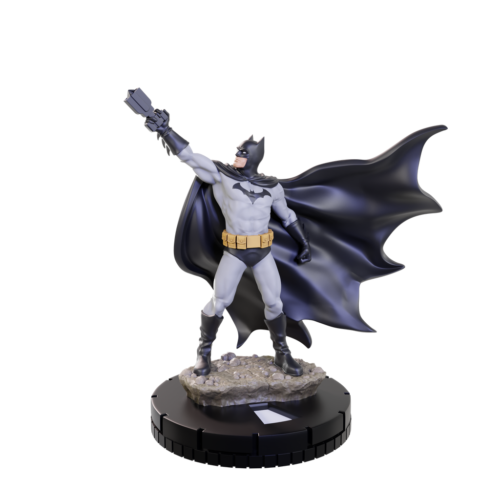 A DC HeroClix Starter Set 2024 Batman figure in a gray suit, black cape, and yellow utility belt holds a grappling hook on a rocky base and black stand