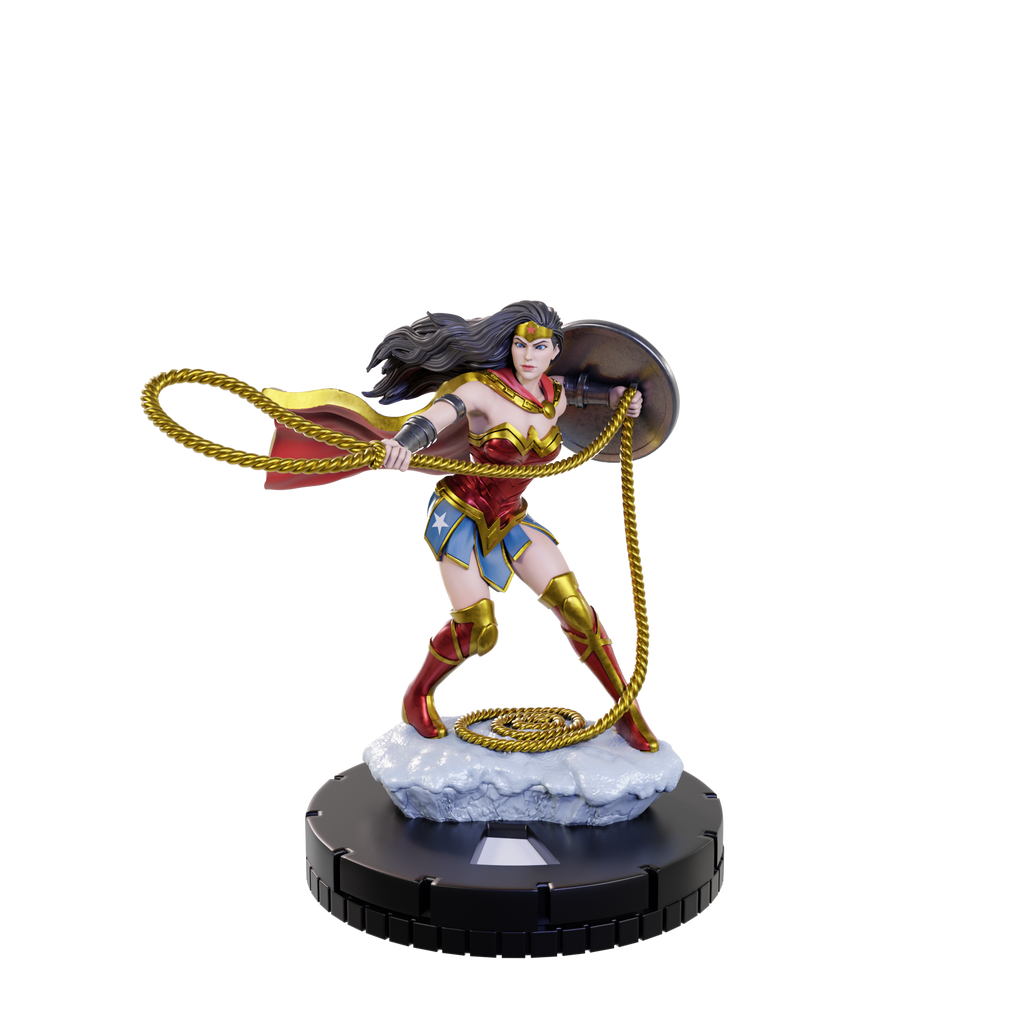 A Wonder Woman HeroClix figure in red, blue, and gold, holding her golden lasso and a shield on a round base