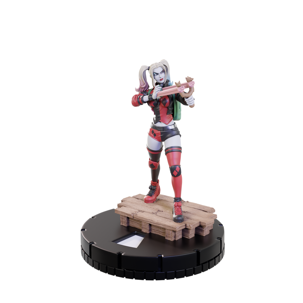 A DC HeroClix Starter Set 2024 figure of Harley Quinn in red and black, holding a crossbow, on a wooden pallet and black game base