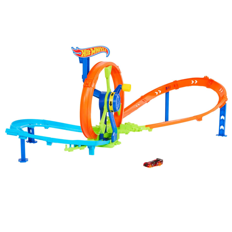 Colorful Hot Wheels track set featuring an orange loop, blue curved tracks, a central green and blue launcher, and a red toy car