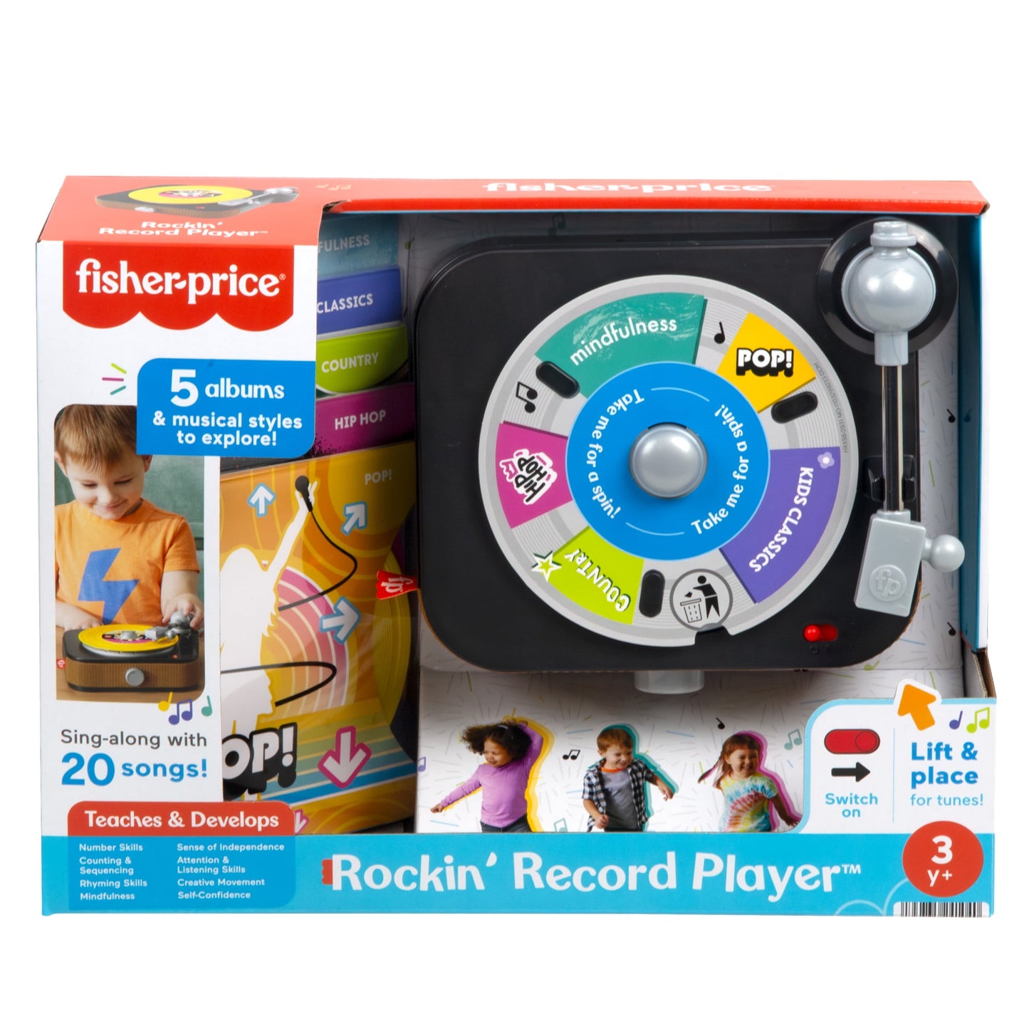 Fisher-Price Rockin' Record Player toy packaging: black turntable with colorful record, child playing