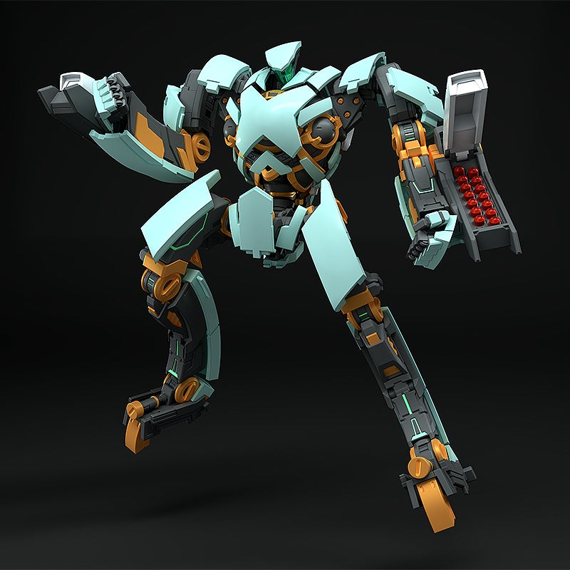 Light teal and orange fully articulated sci-fi robot action figure with missile launcher