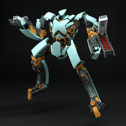 Light teal and orange fully articulated sci-fi robot action figure with missile launcher