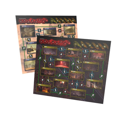 Two overlapping board game flowcharts featuring dark, connected locations, movement icons, and map tiles