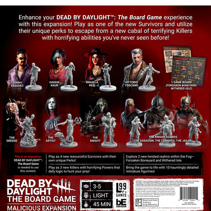 Display of grey miniature figures for the Dead by Daylight: Board Game - Malicious expansion, showing Survivors and Killers