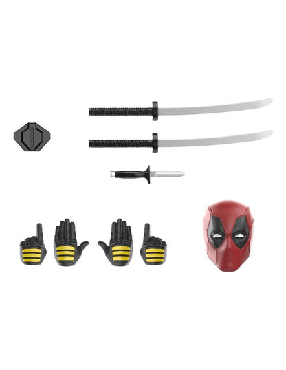 Deadpool action figure accessories: mask, two katanas, knife, four alternate yellow-striped hands, and buckle