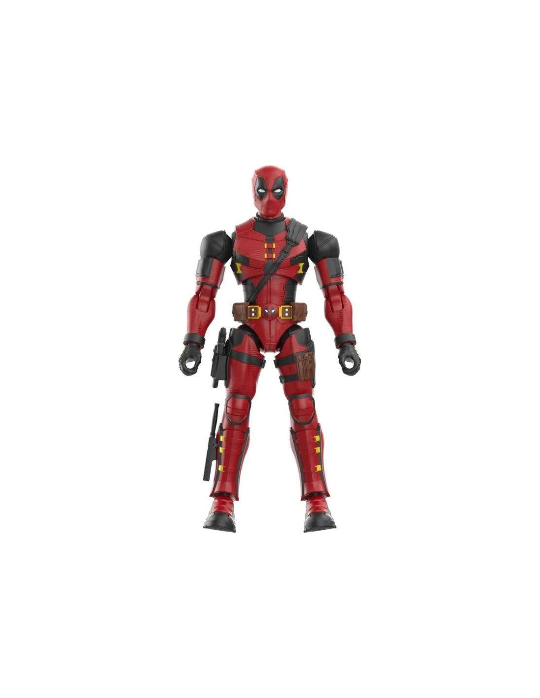 Full-body shot of a Deadpool action figure in his red and black suit, standing upright with a utility belt and weapon