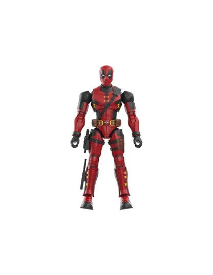 Full-body shot of a Deadpool action figure in his red and black suit, standing upright with a utility belt and weapon