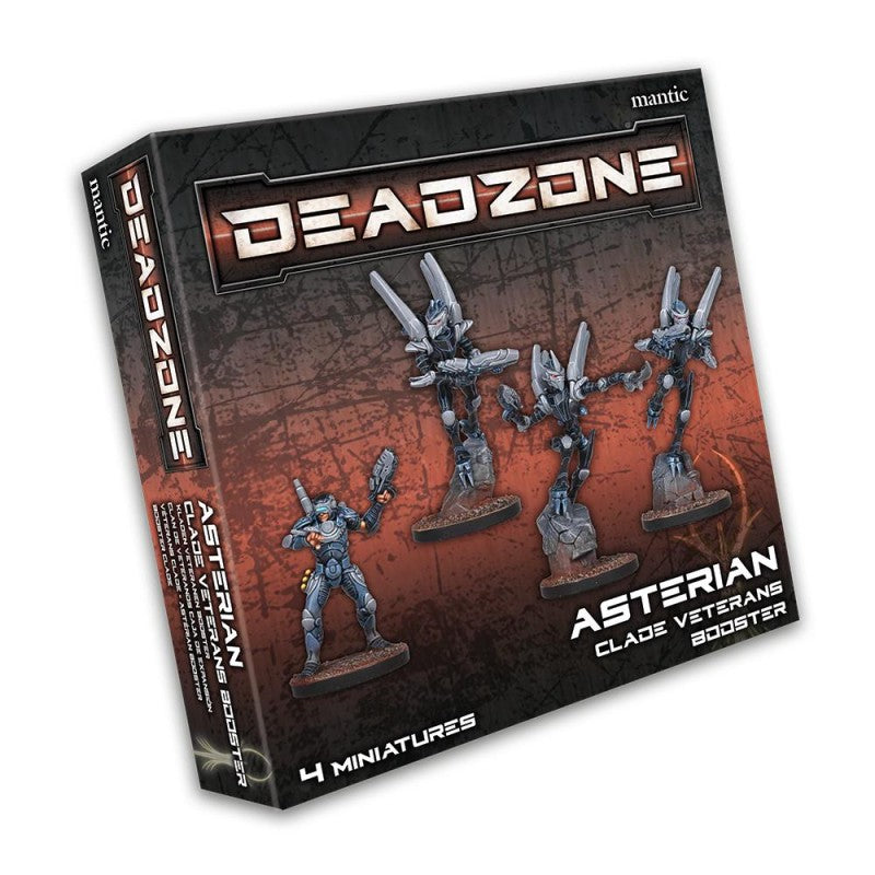 Deadzone Asterian Clade Veterans Booster game box displaying four sci-fi miniatures: an armored human and three aliens
