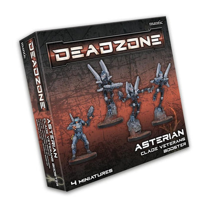 Deadzone Asterian Clade Veterans Booster game box displaying four sci-fi miniatures: an armored human and three aliens
