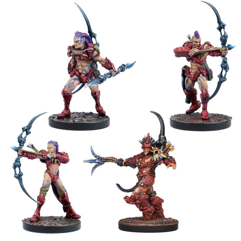 Four painted fantasy miniatures in red armor. Two aim bows, one holds a spear, and one has a claw weapon