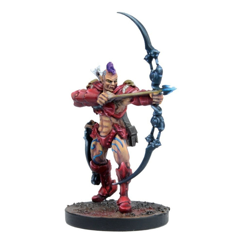 Red-clad fantasy miniature of an elf archer with a purple mohawk, drawing a glowing blue arrow