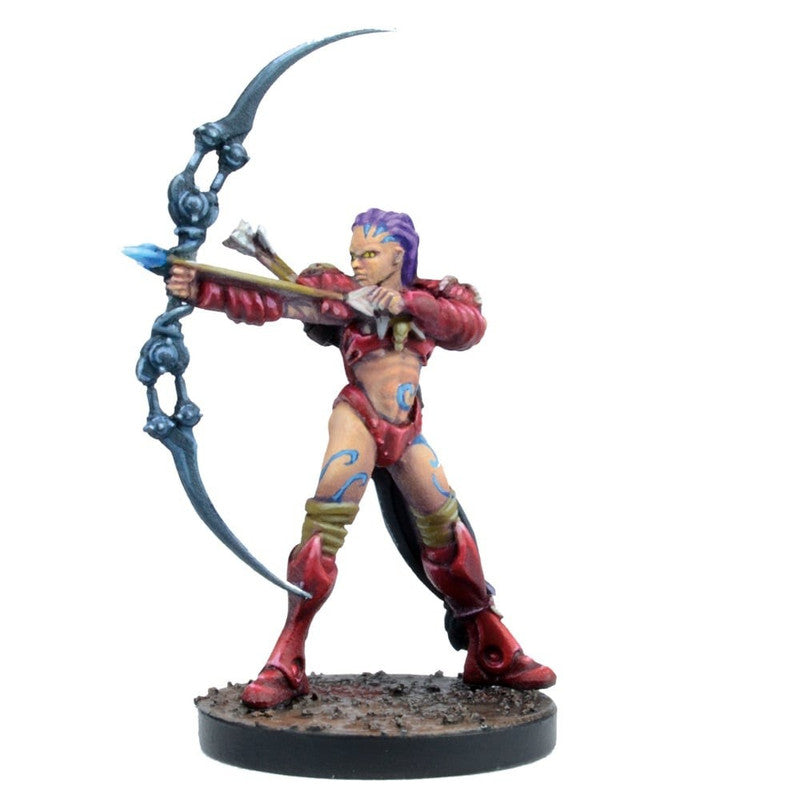 Painted miniature of a purple-haired female archer in red armor with blue tattoos, drawing a stylized bow and arrow