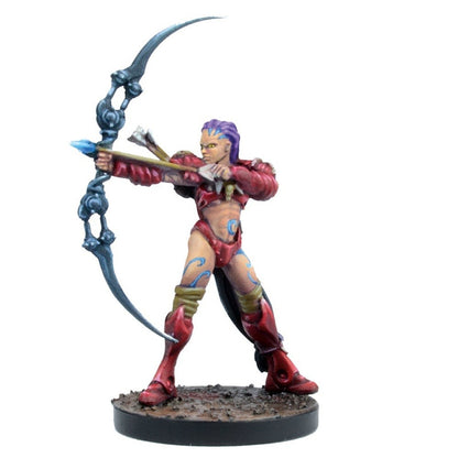 Painted miniature of a purple-haired female archer in red armor with blue tattoos, drawing a stylized bow and arrow