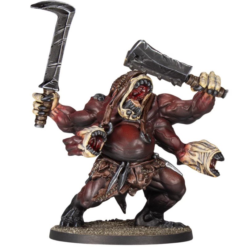 Menacing four-armed red-skinned monster miniature with two arm-mouths, wielding a curved sword and a cleaver