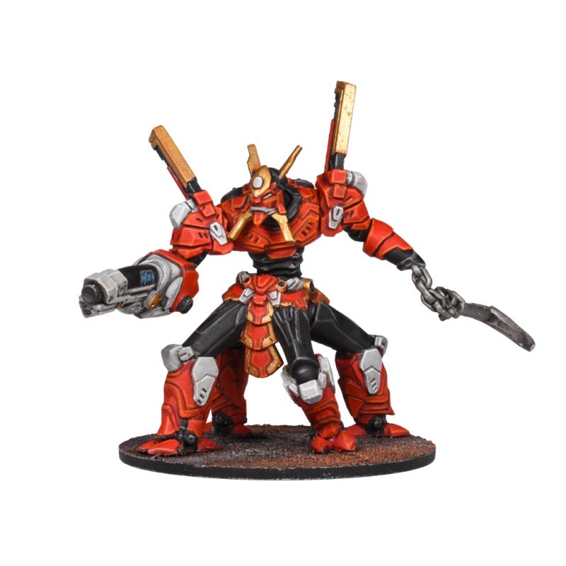 A red and black futuristic mech miniature with gold accents, holding a large gun and a chained blade