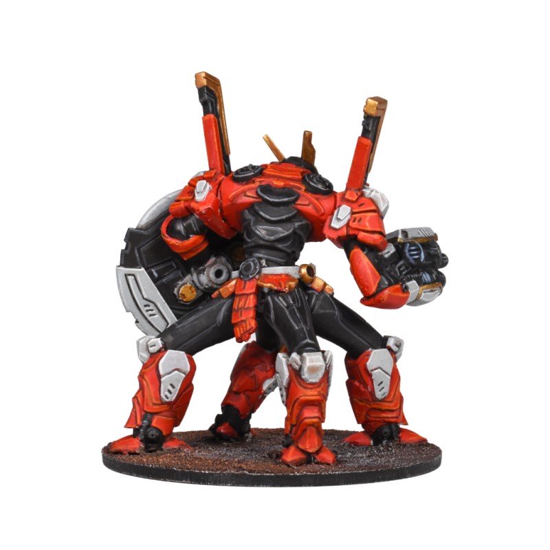 Red and black samurai-style mech miniature standing, holding a shield and a raised armored fist