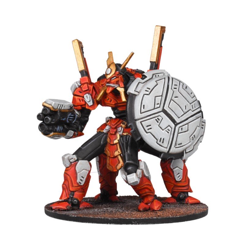 A red and black samurai-inspired mech miniature, armed with a multi-barreled gun and a large round shield