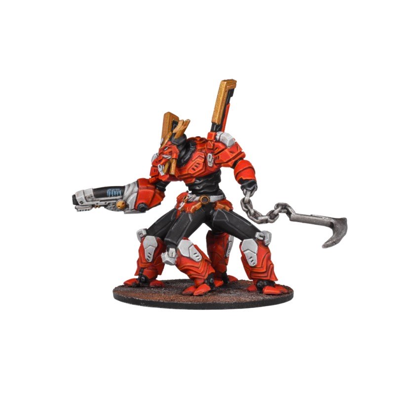 Red and black armored multi-legged mech miniature wielding a blaster and a chained hook, crouched in a combat pose