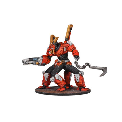 Red and black armored multi-legged mech miniature wielding a blaster and a chained hook, crouched in a combat pose
