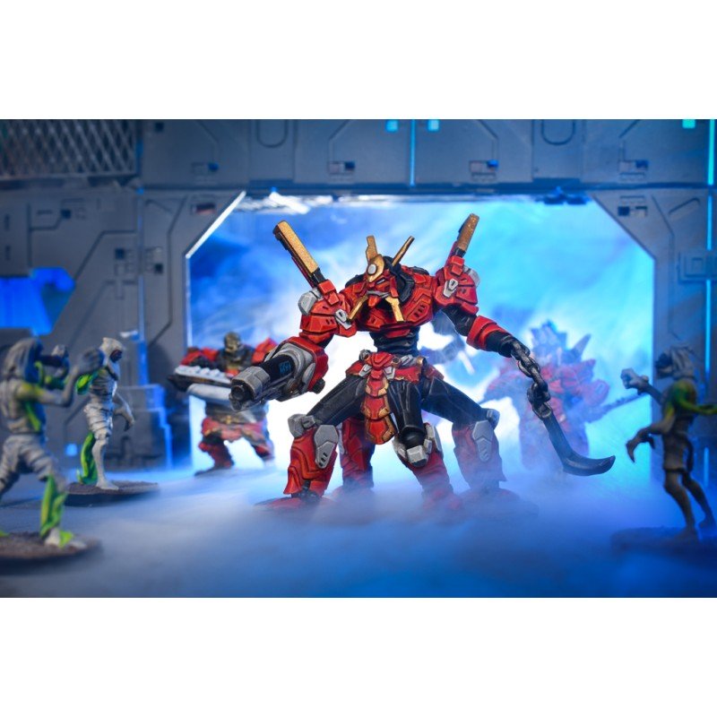 Red samurai mech with blade & gun battles alien figures in a misty, blue-lit futuristic corridor