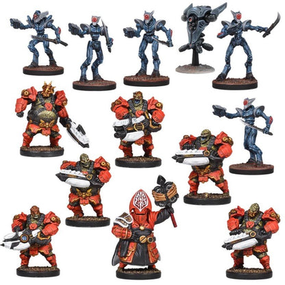 A group of 13 tabletop miniatures. Six slender blue robots with swords and guns, plus a drone. Seven bulky red warriors with heavy weapons