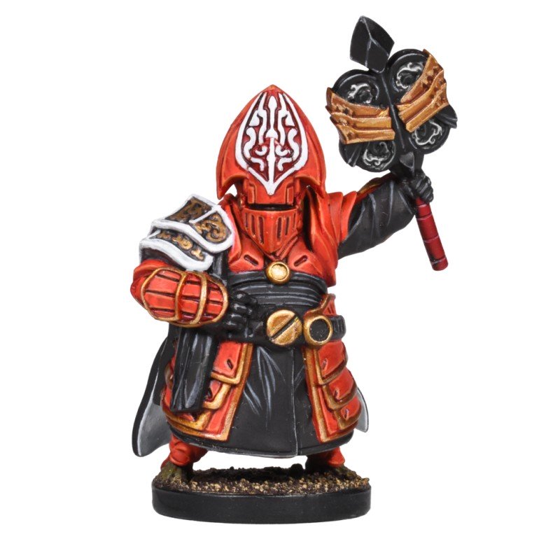 A fantasy gaming miniature of a warrior in red and black armor, with an ornate helmet, holding a large, golden mace