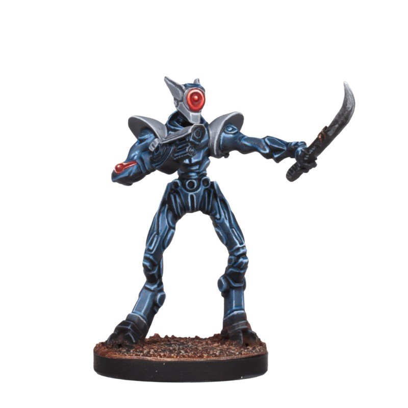 Dark blue robot miniature with a red eye, holding a curved sword and a red glowing energy weapon in its left hand