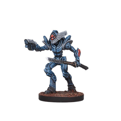 Armored blue robot miniature with red eyes, aiming a pistol and holding a sword