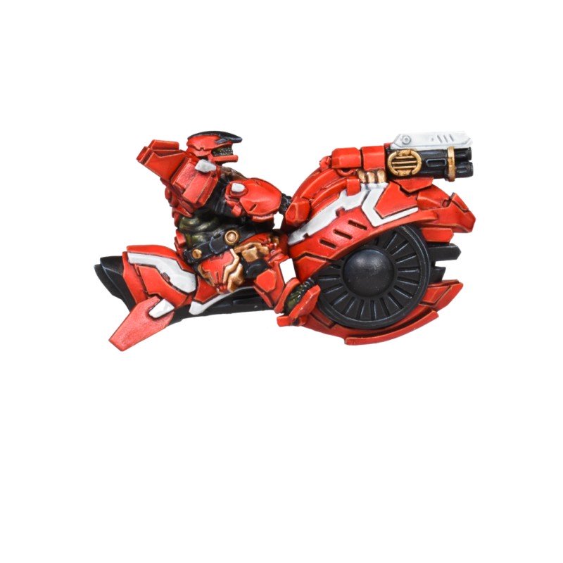 Red armored pilot rides a futuristic, single-wheeled hoverbike with a top-mounted weapon