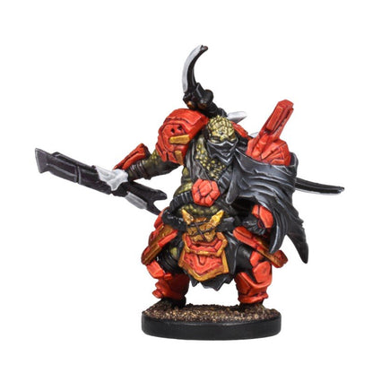 Miniature of a scaly, masked warrior in red & black samurai-style armor, holding a dark sci-fi blade