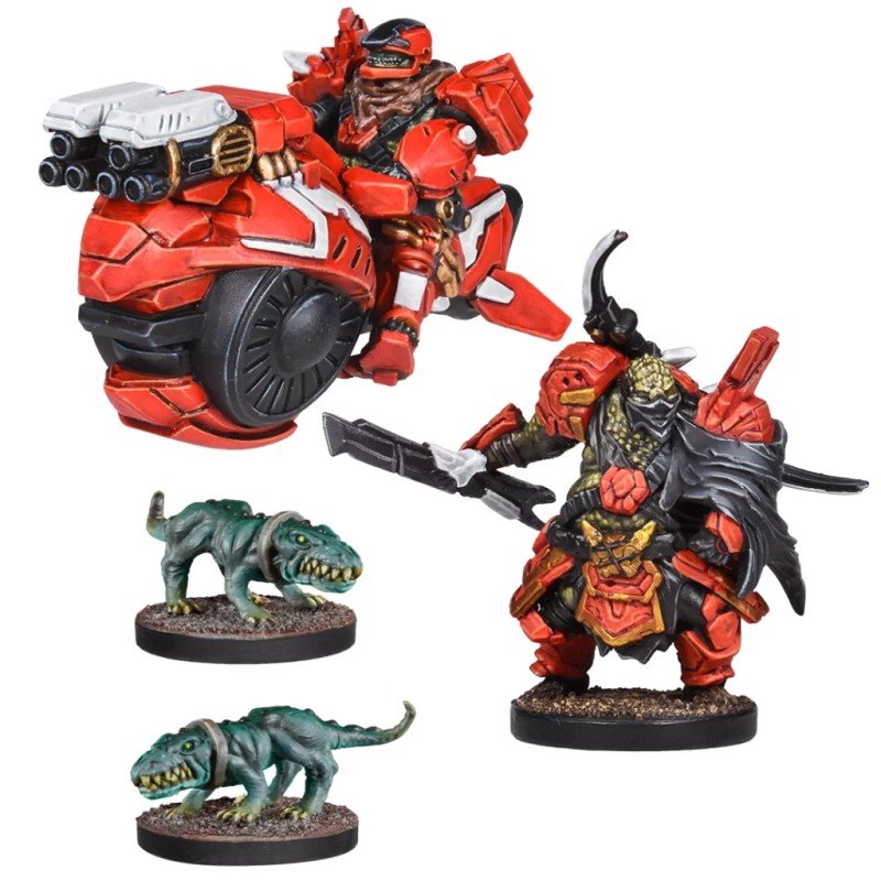 Tabletop miniatures: Red armored rider on a futuristic gun-vehicle, a warrior with a sword, and two green reptilian beasts