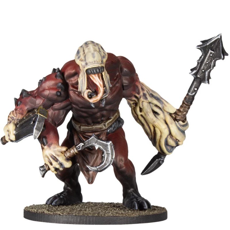 A dark red monster figurine with a hooded head and pale textured arms, holding a spiked polearm and a curved blade