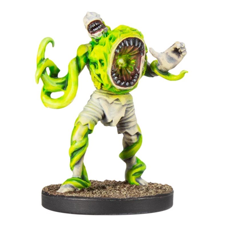 A neon green monster miniature with a large, fanged mouth in its chest, another on its head, and twisted, vine-like limbs