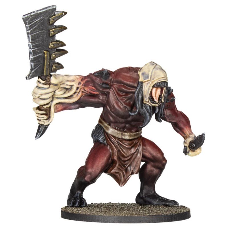 Muscular red-brown monster miniature in an aggressive pose, wearing a bone-like fanged helmet and wielding a large, jagged cleaver