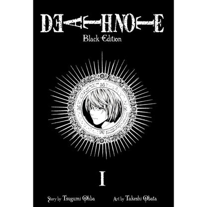 Death Note Black Edition Vol 1 manga book cover features the title, a white circular emblem with a character's face and radiating lines, and the roman numeral I on black