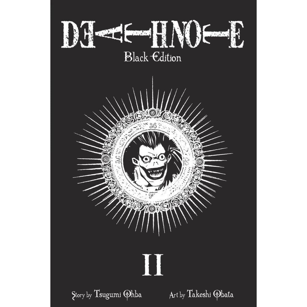 Death Note Black Edition Vol 2 manga book with a black cover featuring a grinning creature in a sunburst emblem and the title Death Note