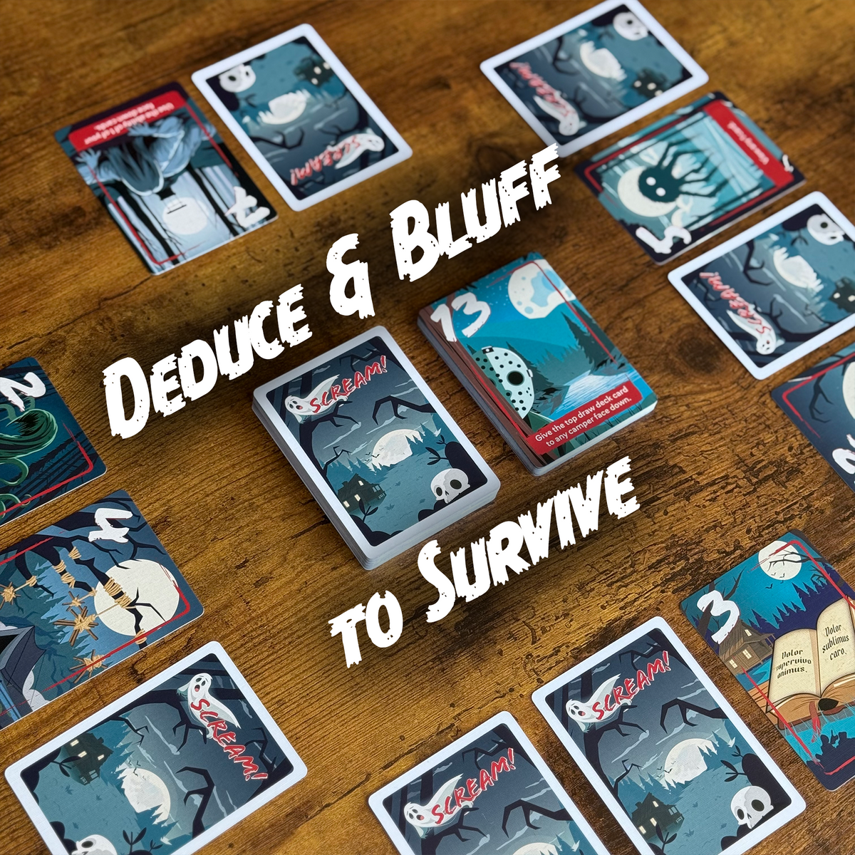 Horror card game with ghost, skull, Jason mask cards spread on a table, Text: &quot;Deduce &amp; Bluff to Survive&quot;